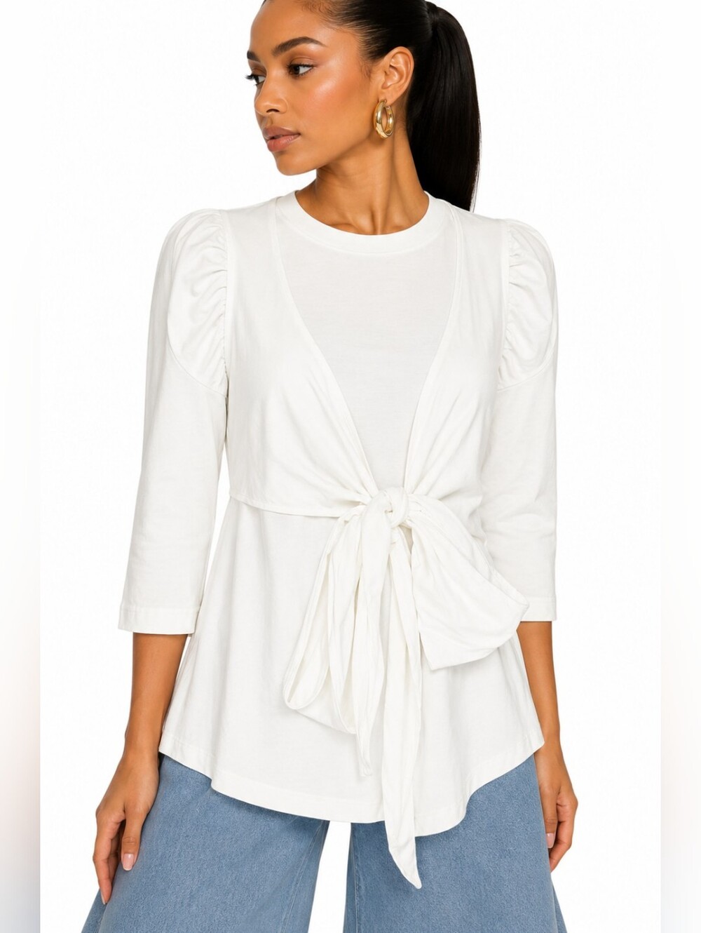 Feng Chen Wang Ivory Layered Tie Front Puff Sleeve Top Tunic NWT Size  Medium
